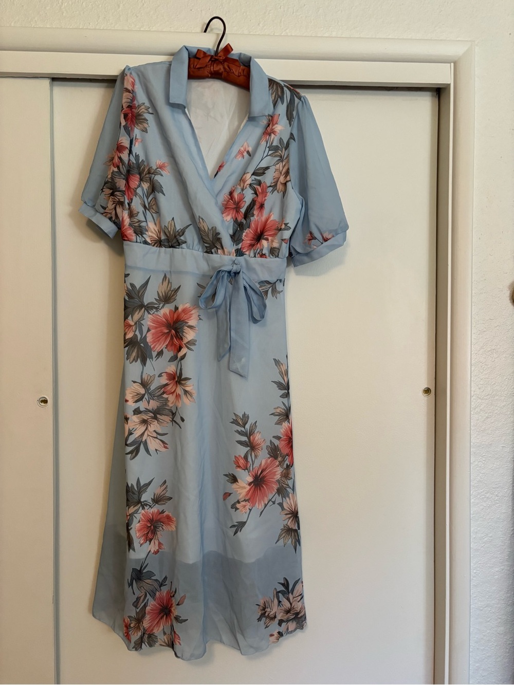 Light Blue Floral Wrap Dress with Tie Waist